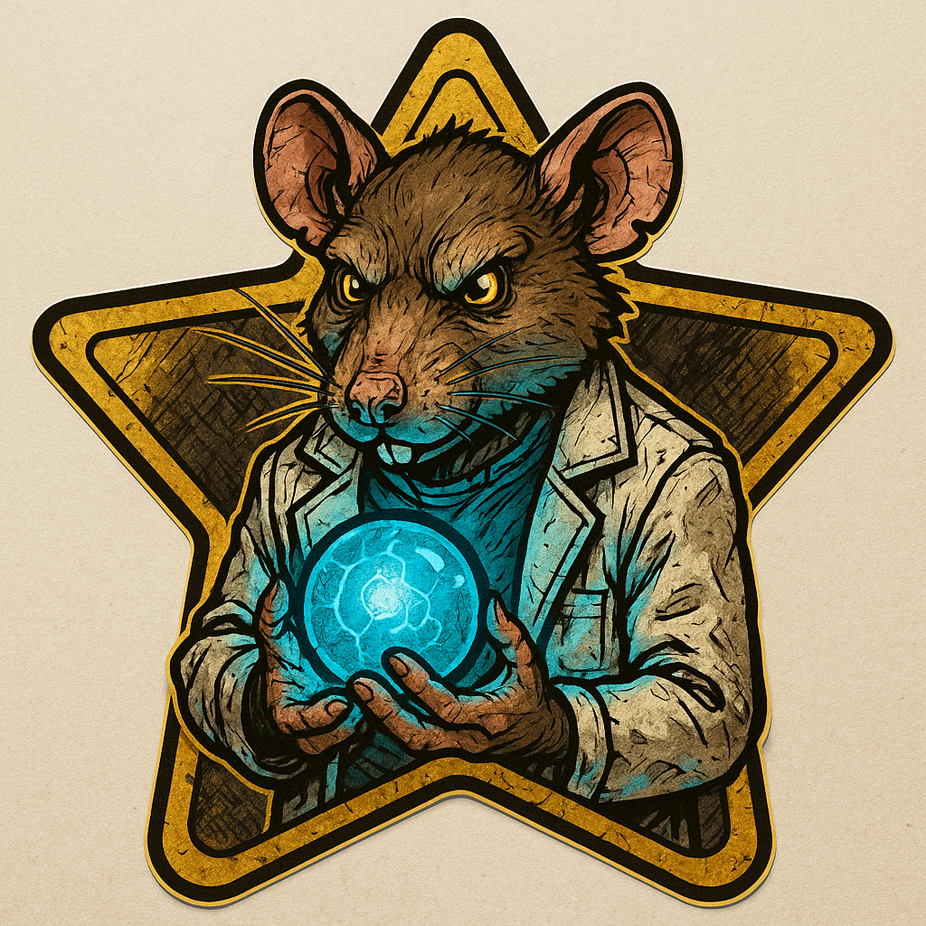 nicodemus the lab rat holding a blue orb while he is inside of a gold sticker like J and P used to give.