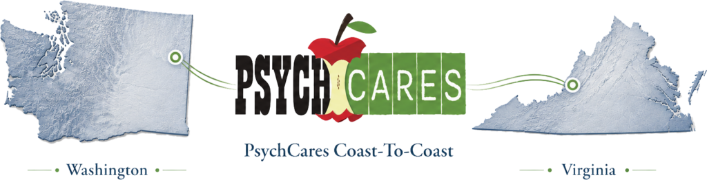 the state of washington and virginia flanking the psychcares logo.